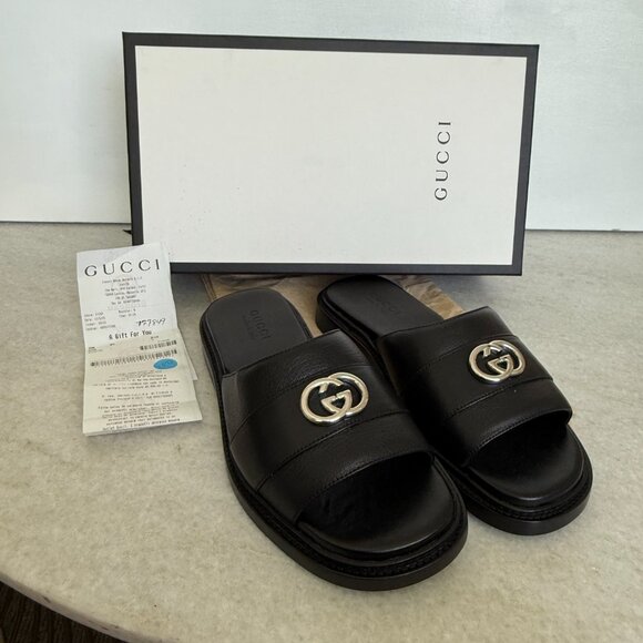 GUCCI 777849 MEN'S BLACK LEATHER INTERLOCKING G SANDALS, Gucci sz 7.5 (US 8) - Picture 4 of 13